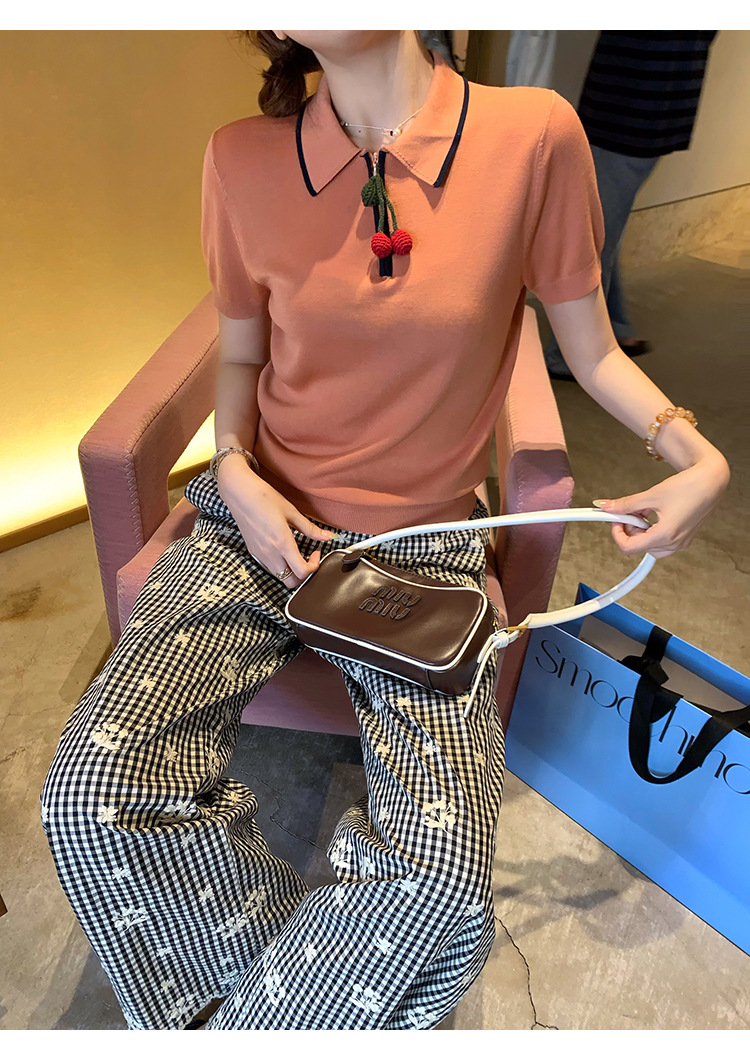 Cherry Color-blocked Polo Knit Shirt with Silk Lyocell Blend F259ED2BA16BD9A5EF4365228641308F