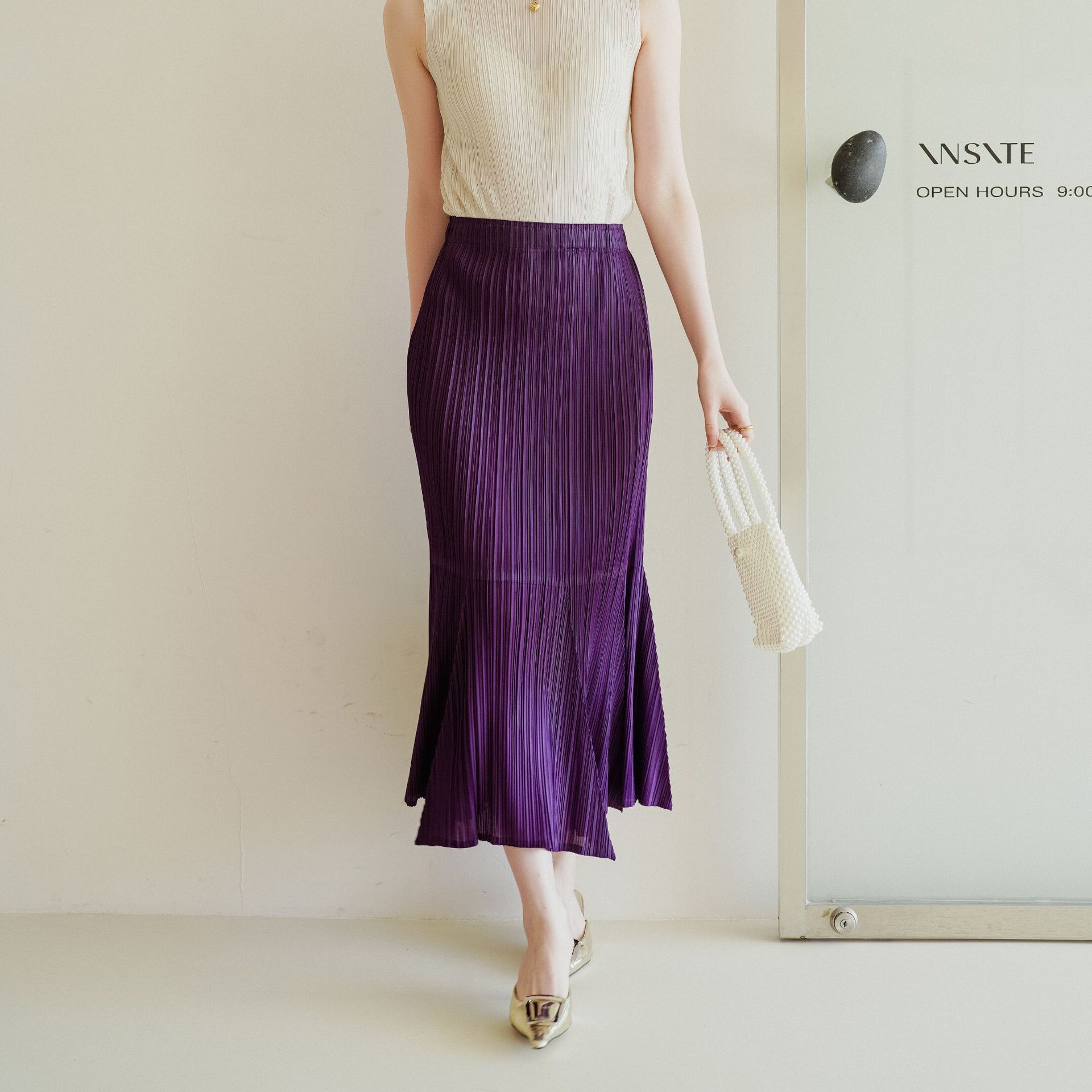 High-end Pleated A-Line Pencil Skirt with Fish Tail Design Casual and Versatile Summer Style