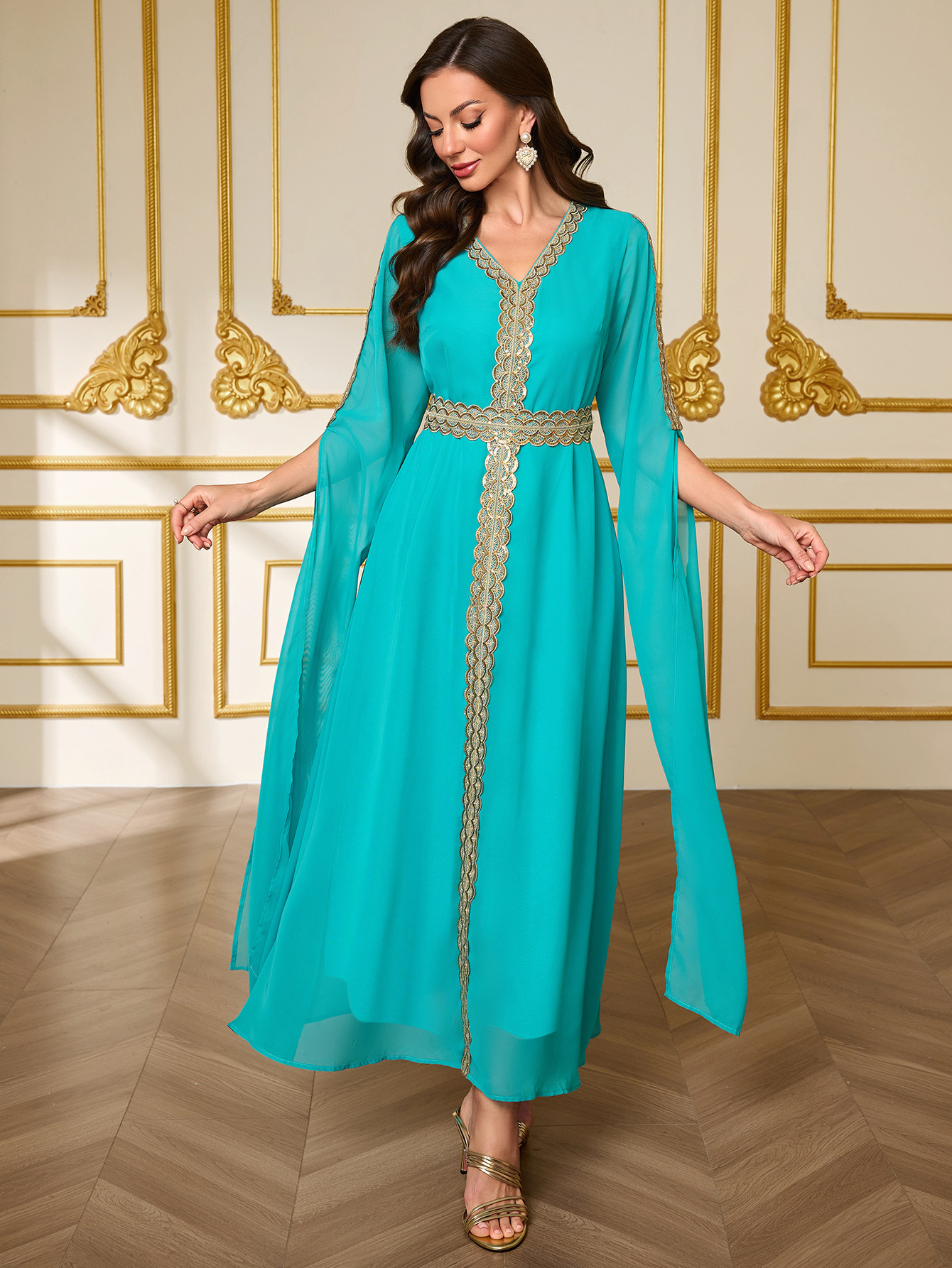 Emerald green shawl-sleeve robe maxi dress - Vilmere