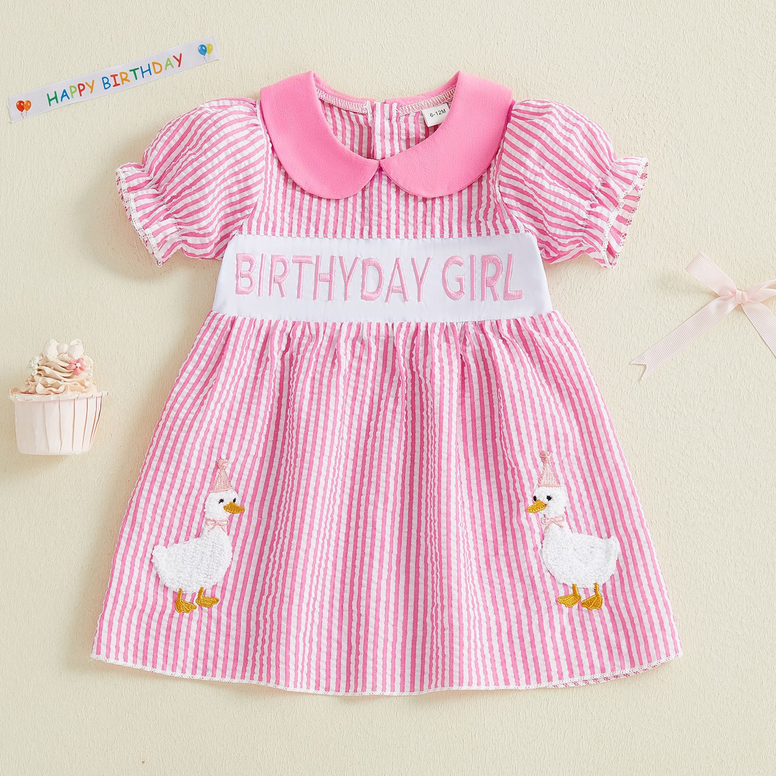 Cute Duck Pattern Dress for Girls, Summer Stripe Bubble Sleeve Dress with Letter Embroidery, Casual