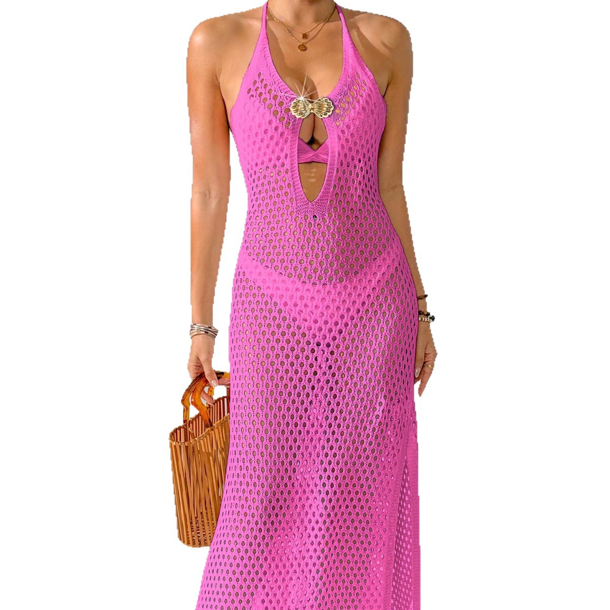 Chic V-Neck Fitted Backless Knit Dress with Strap Tie