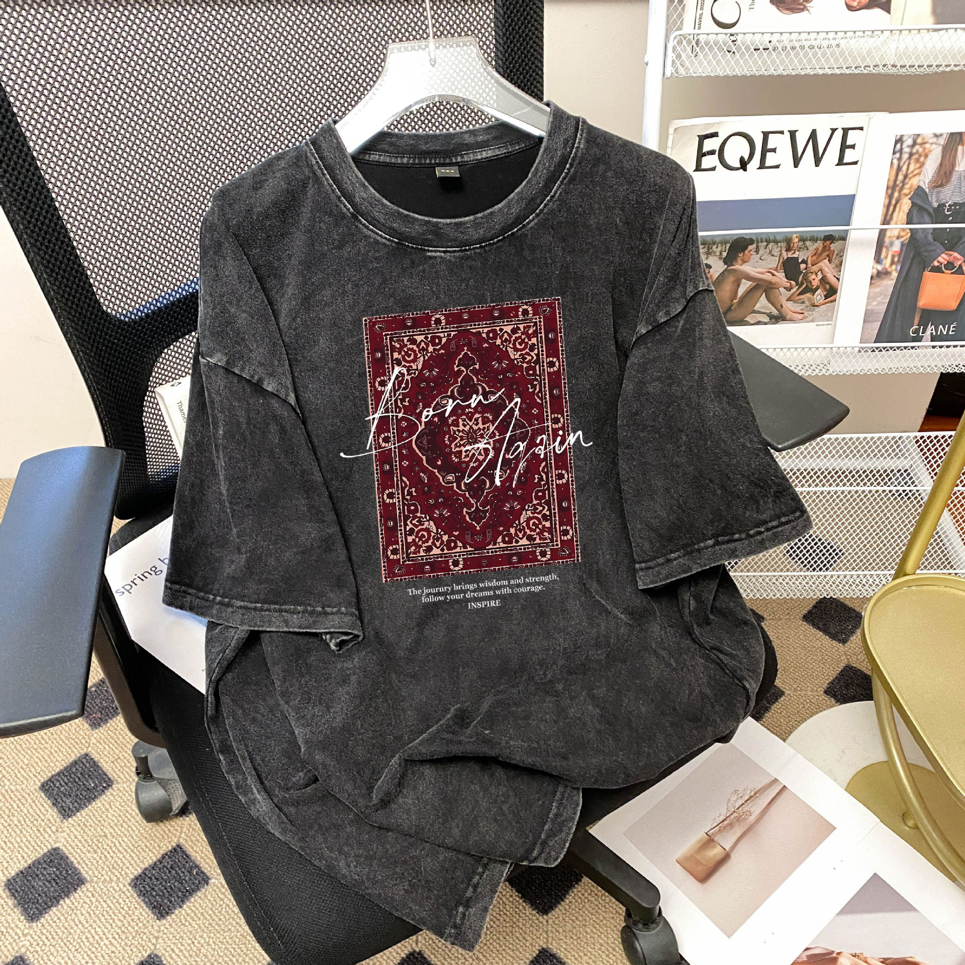 Washed Black Cotton Short Sleeve Round Neck T Shirt - image 4