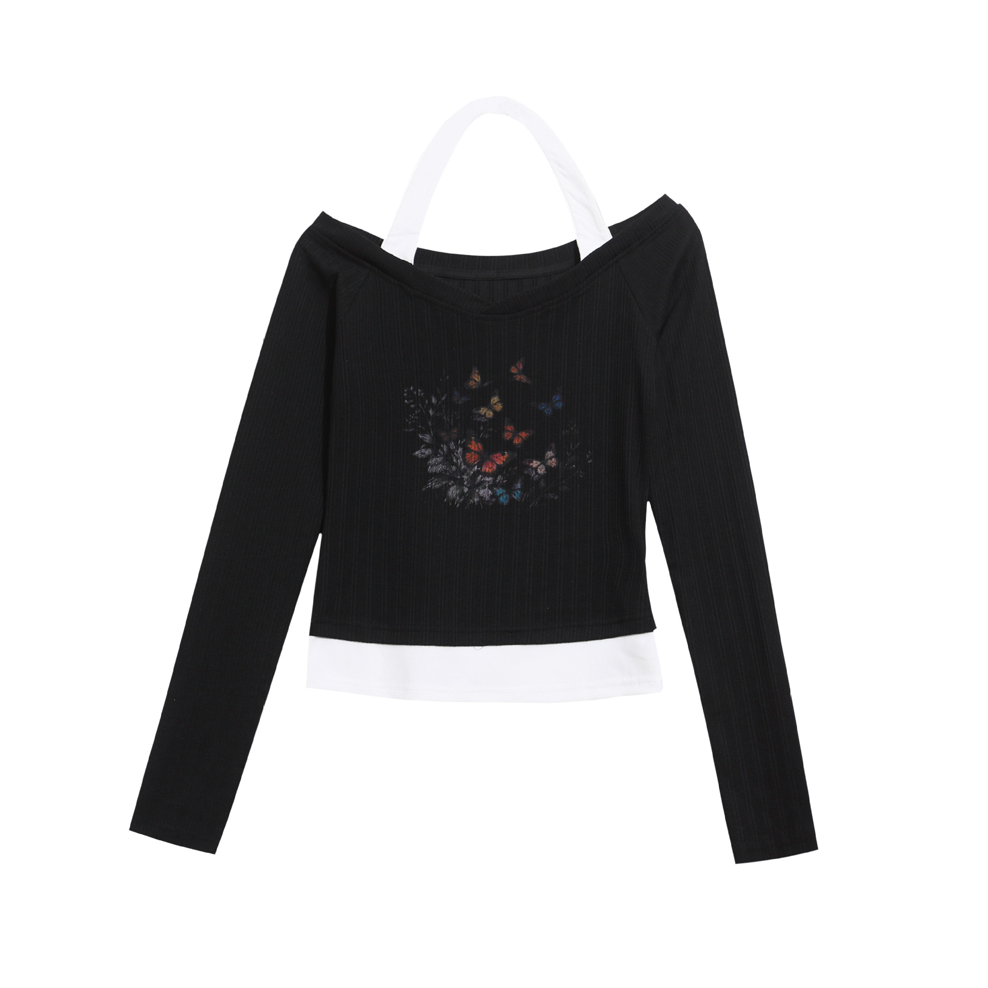 Print Halter Neck Long Sleeve T-Shirt with Off-Shoulder Design, Fitted Cropped Top