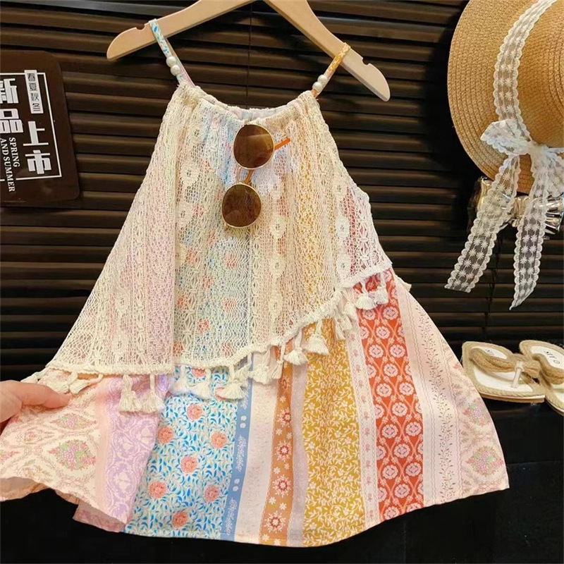 Bohemian Style Lace Hollow Out Strap Dress for Girls Summer Beach Vacation Dress