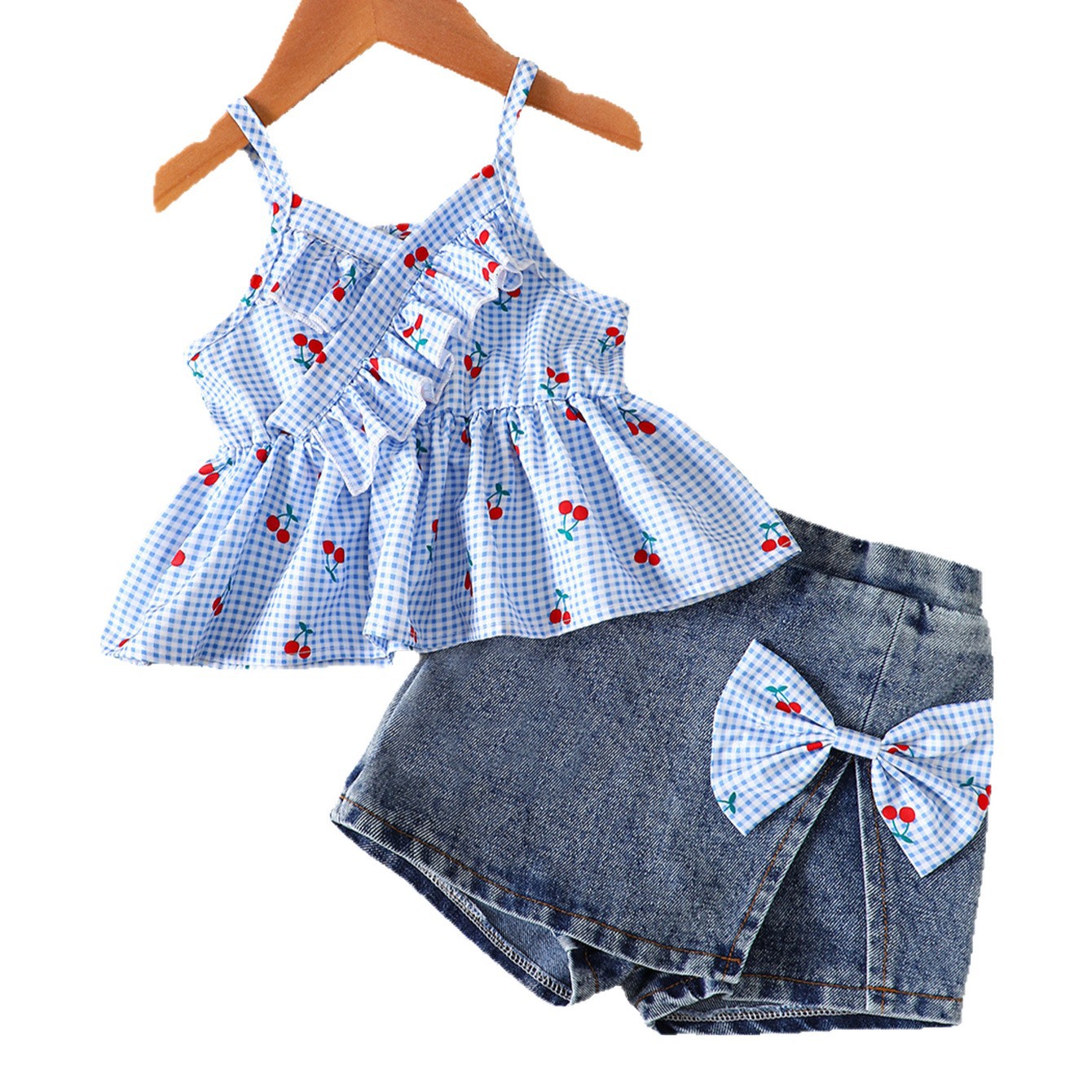 Cherry print camisole vest jeans skirt two-piece set
