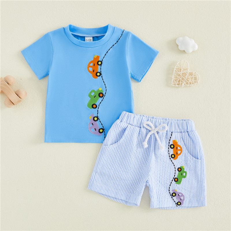 Summer Boys' Cartoon Car Embroidered Short Sleeve Set, Lightweight Two-Piece Outfit, Pure Cotton