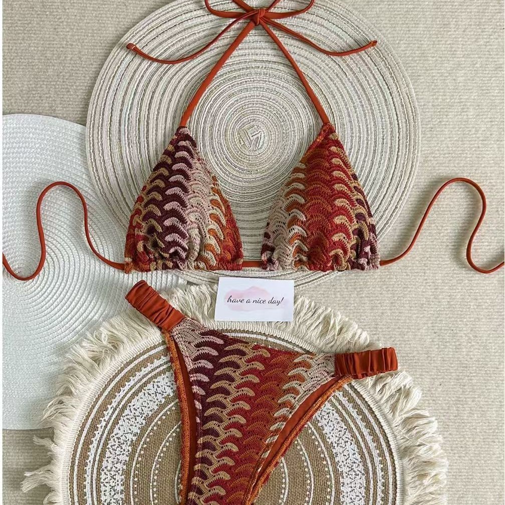Style Striped Knitted Halter Neck Tie-up Hollow-out Bikini Swimwear