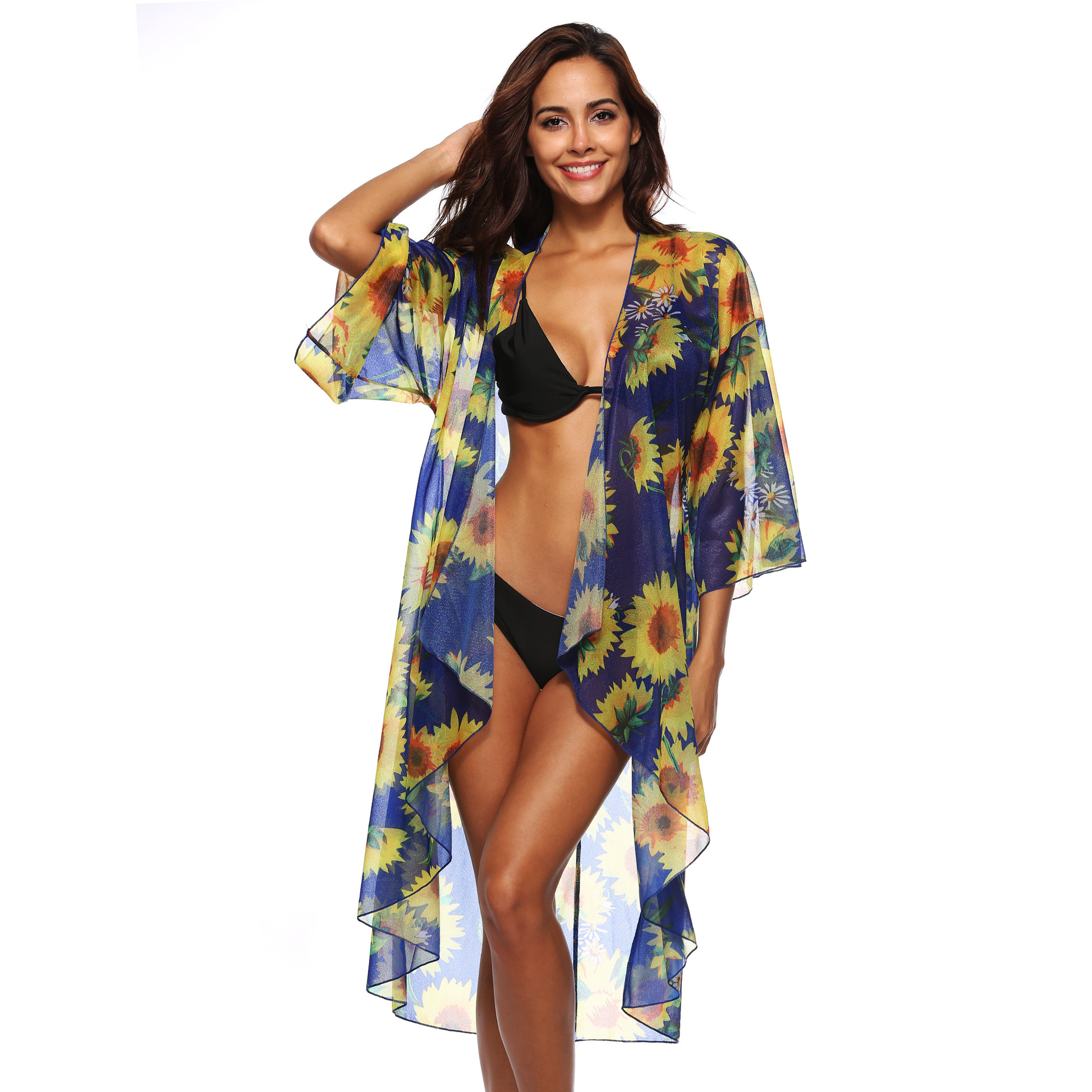 Open-Front Three-Quarter Sleeve Irregular Sexy Bikini Cover-up