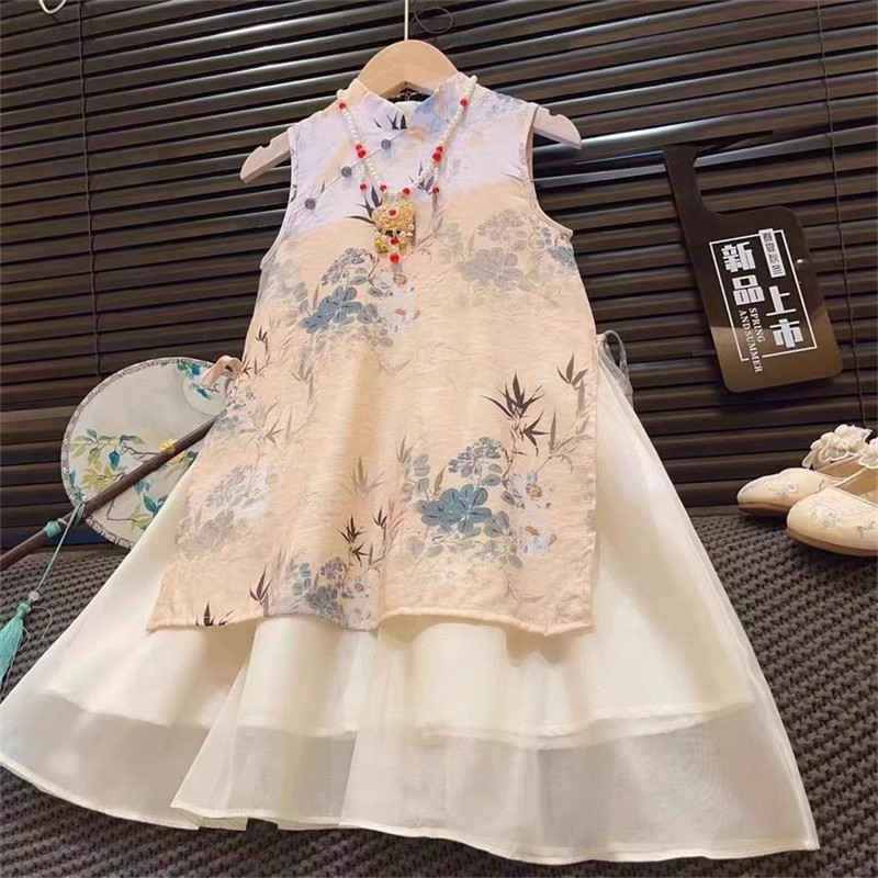 Chic Girls' Cheongsam Summer New Chinese Style Printed Dress Long Dress Baby Traditional Chinese