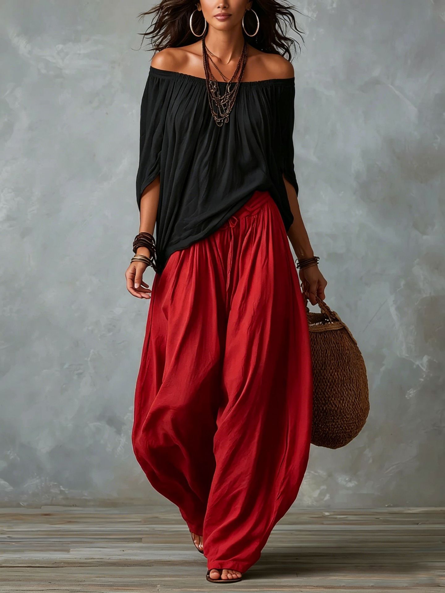 Women's two-piece set with wide-leg pants — back view