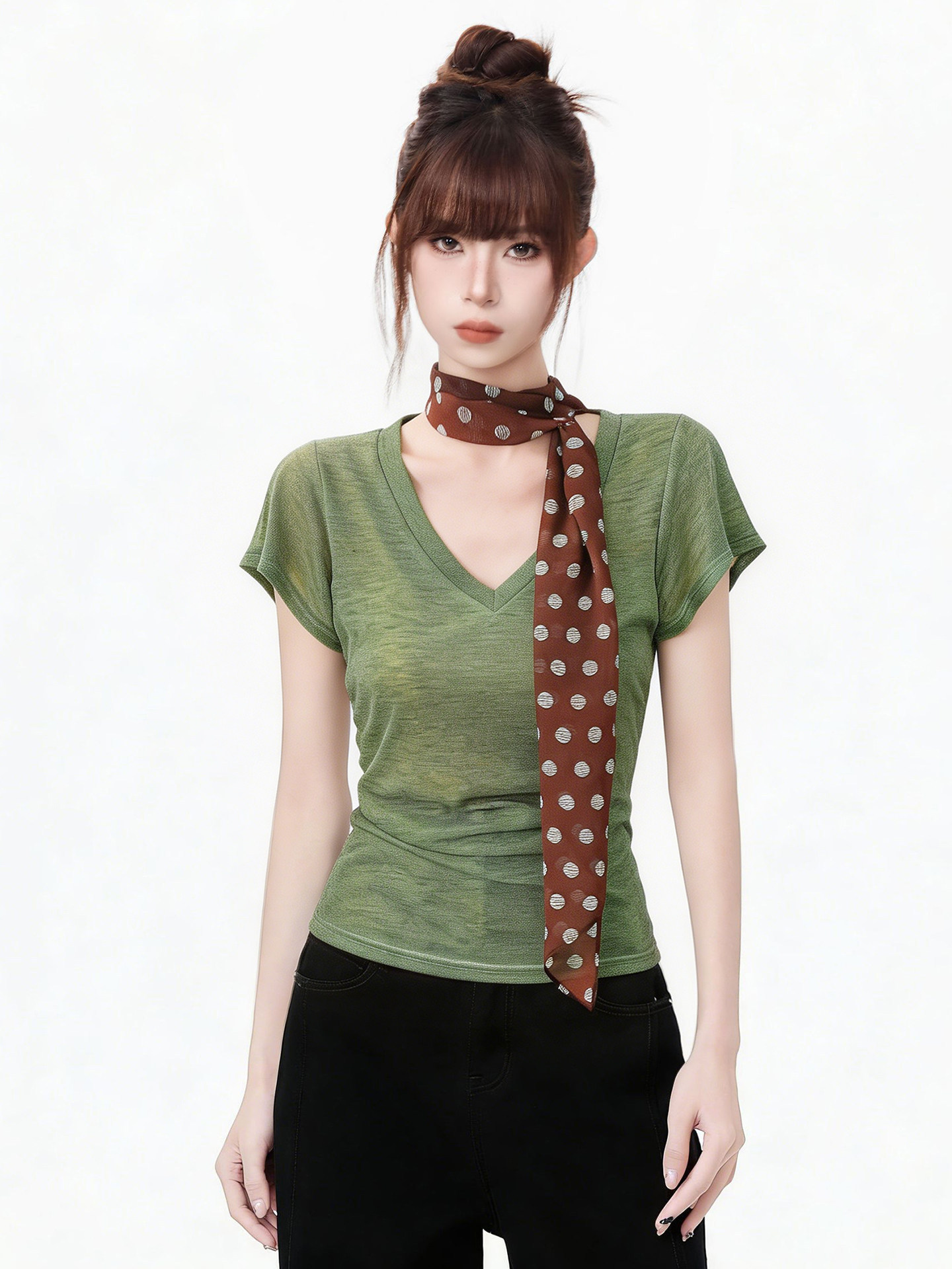 Moss green V-neck top