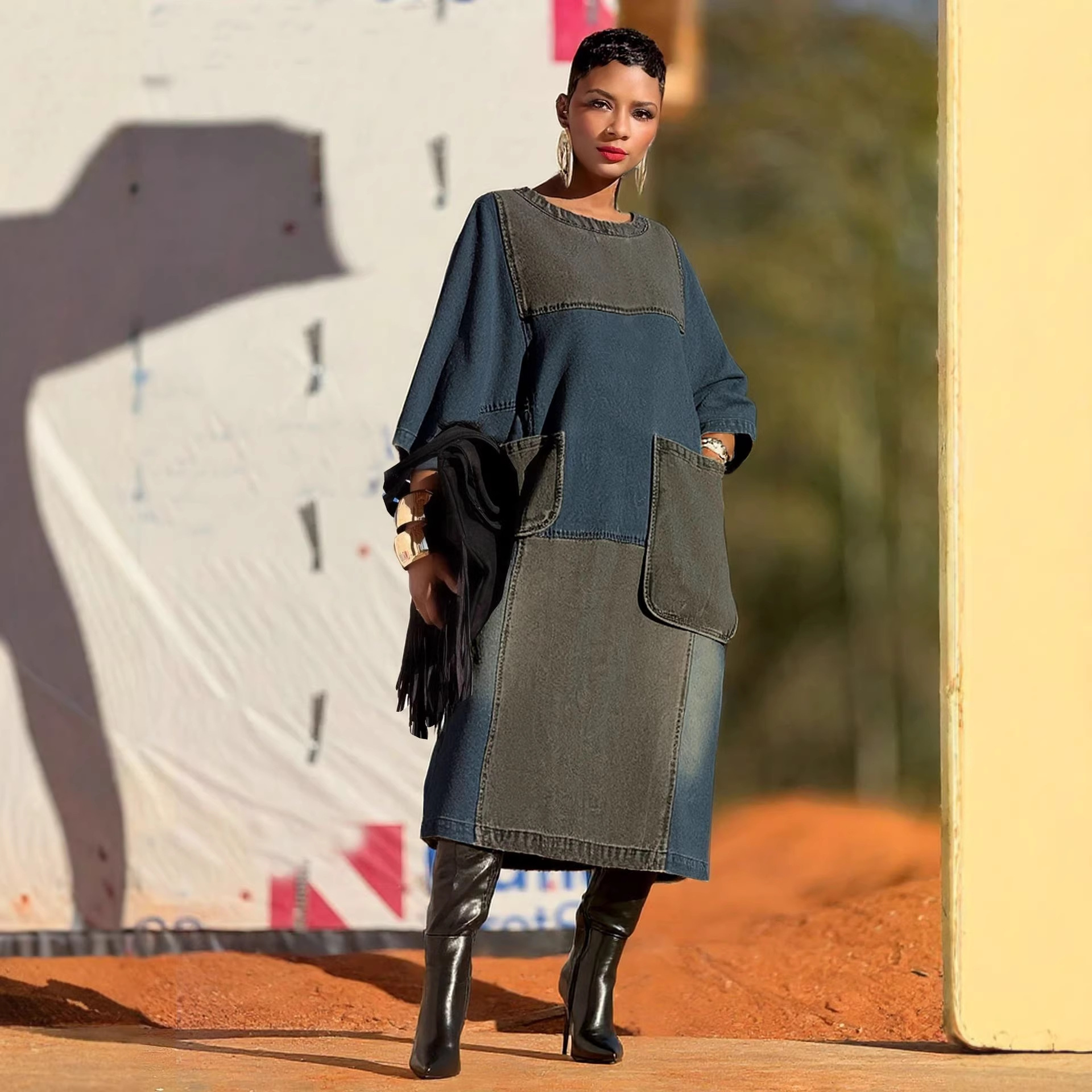 Pocket Loose Denim Dress with Design and Asymmetrical Hem