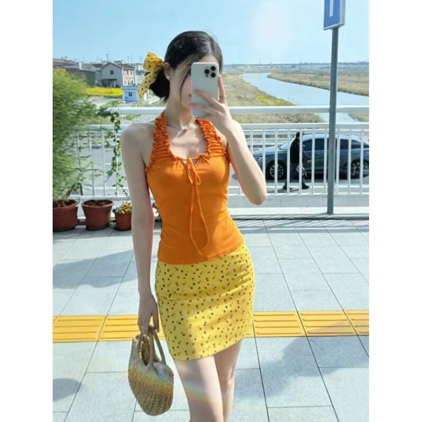 Beach Vacation Style Elegant Strap Polka Dot Two-Piece Dress