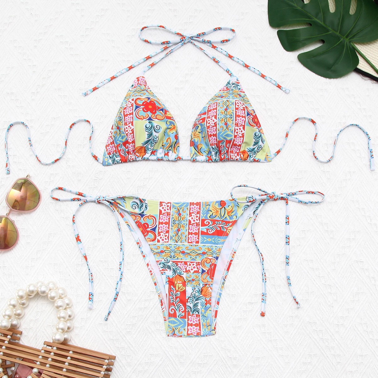 Butterfly knot floral striped split double-sided swimsuit