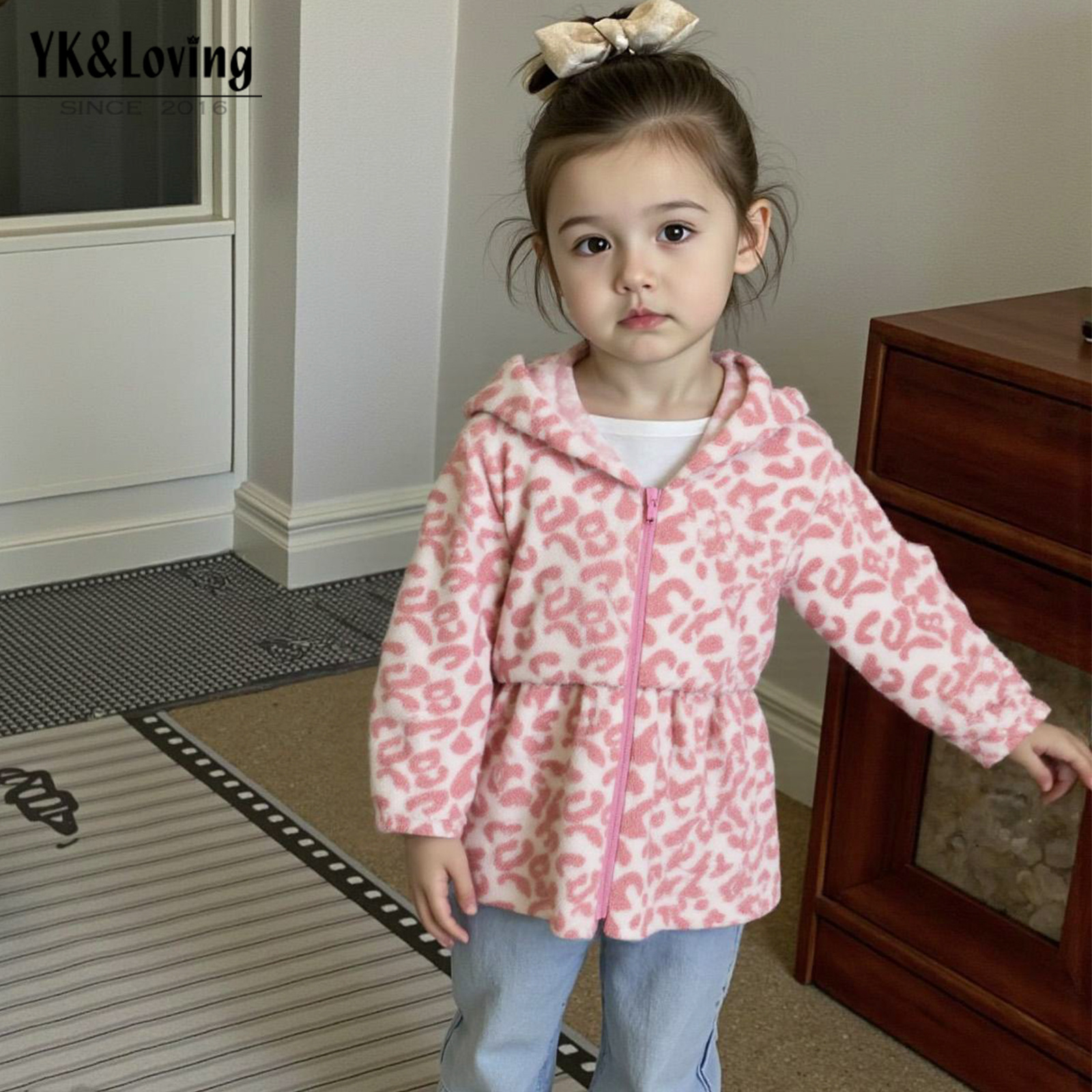 Winter Fashion Leopard Print Double-Sided Fleece Hooded Waist-Cinched Casual Coat for Girls