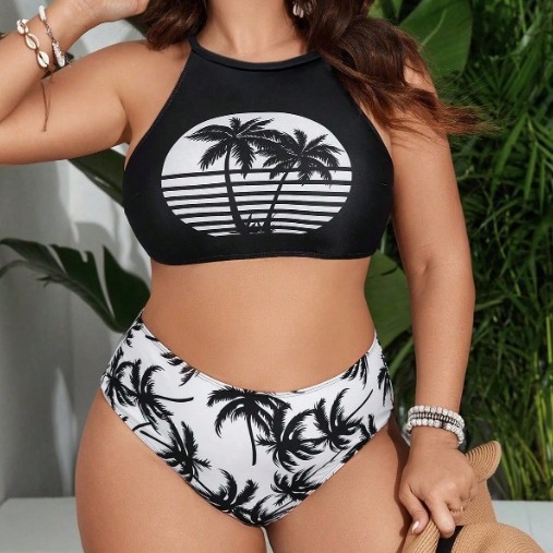 Plus size bikini swimwear set in patterned print — padded wire-free top for curvy women sizes 1X to 4X