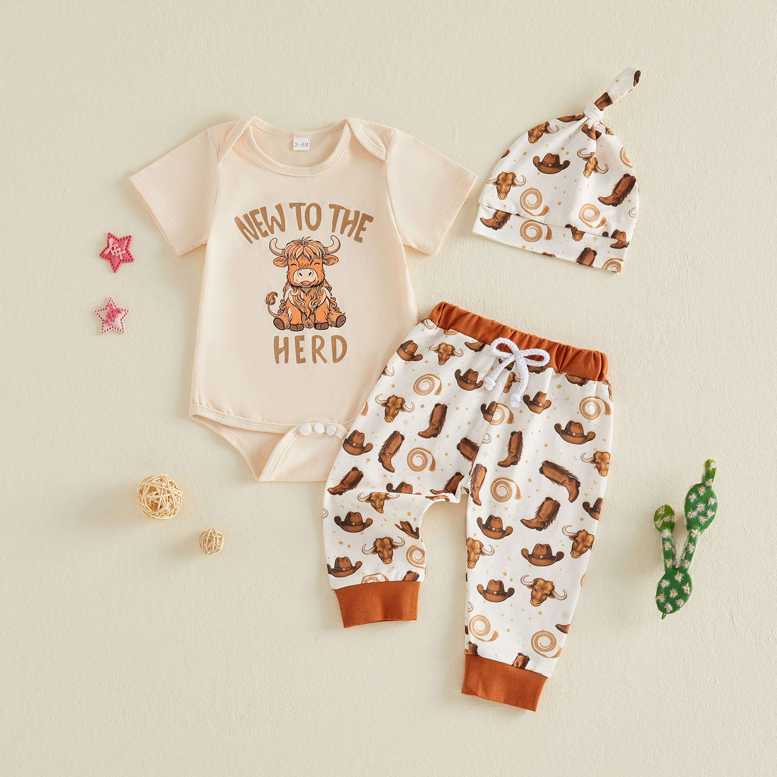 Baby Denim Style 3-Piece Set: Short Sleeve Romper + Western Print Long Pants + Hat, Cotton, 3-6
