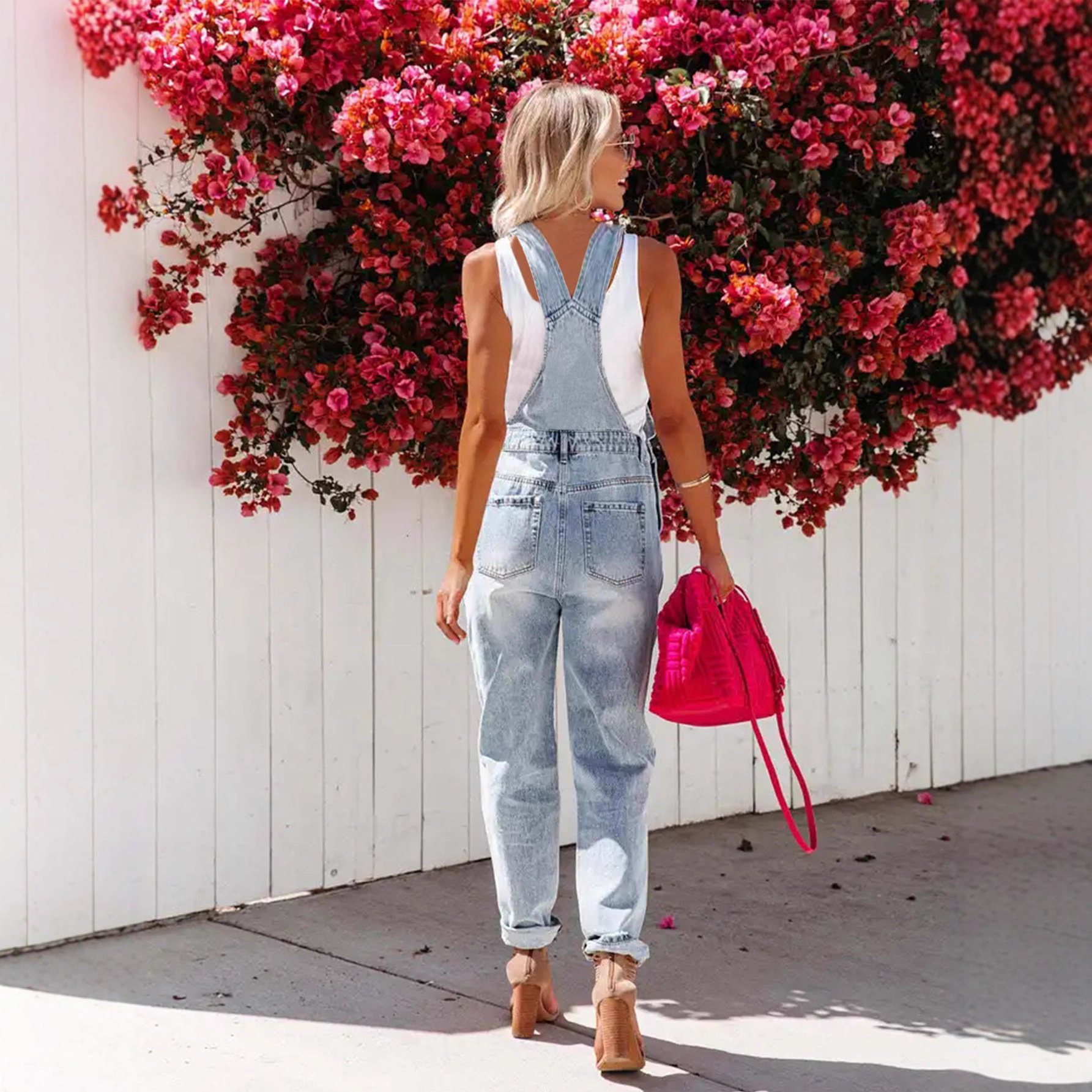 Women's Light Blue Cropped Ripped Denim Overalls – Front View