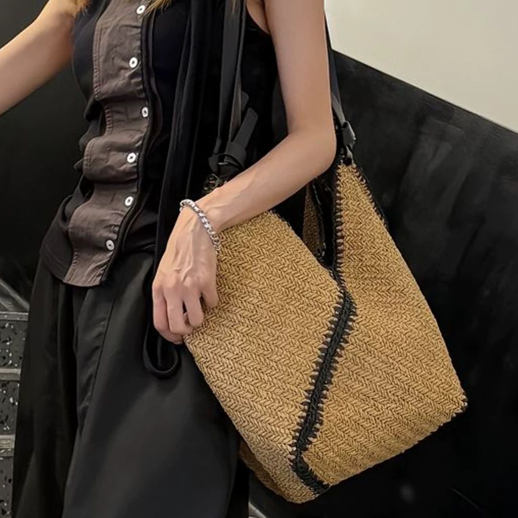 Stylish Striped Single Shoulder Woven Straw Bag, Elegant Weaving Tote with Black Trim, Large