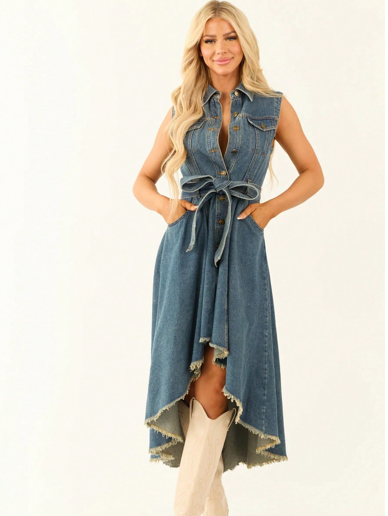 Women's Denim Midi Dress – Button-Front Detail
