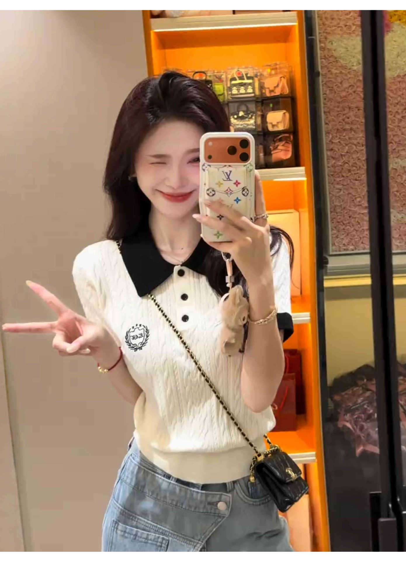 Polo Collar Embroidered Color Block Knit Top - front view