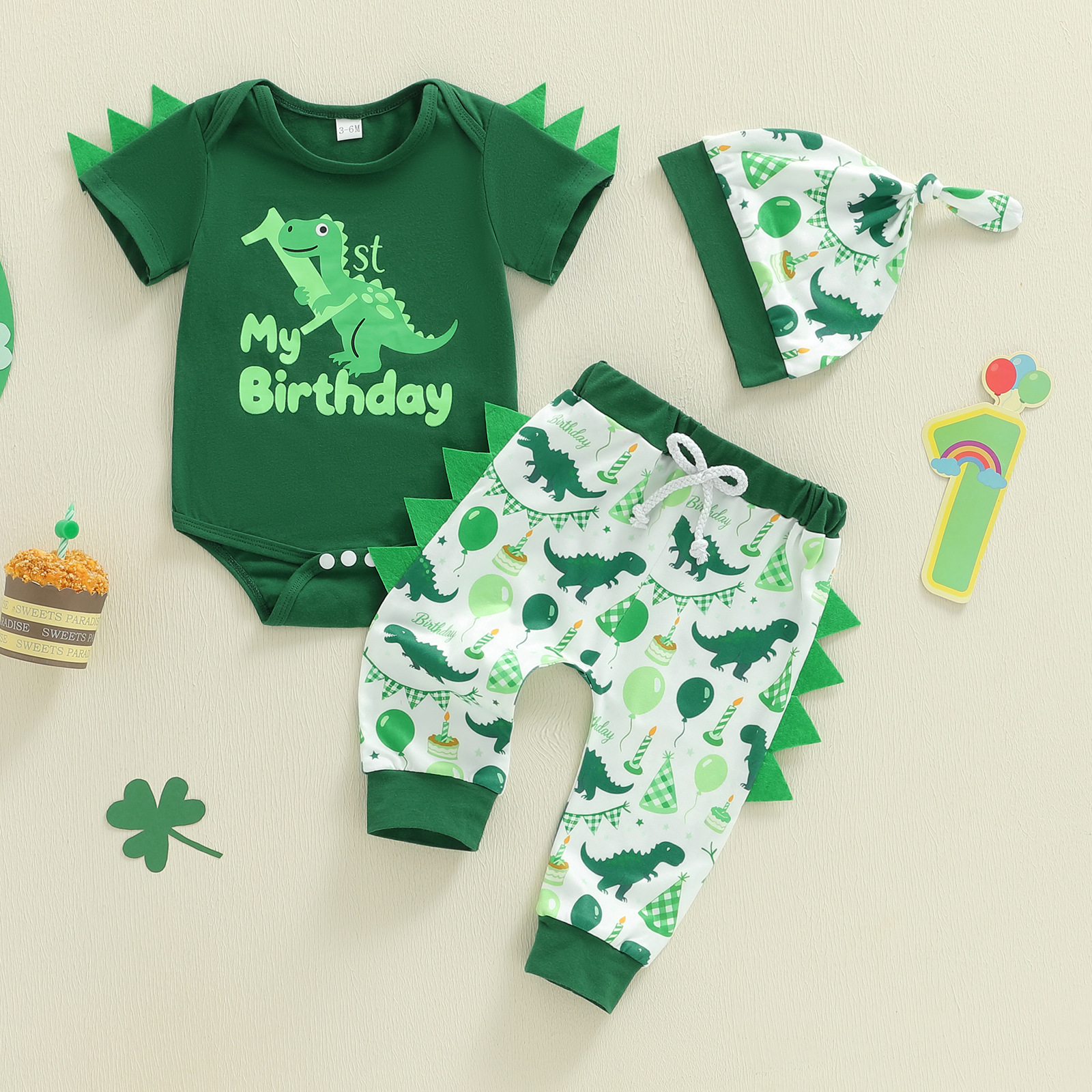 Infant and Toddler Dinosaur Theme Birthday Outfit Set, Boys' Short Sleeve Romper, Long Pants, Hat