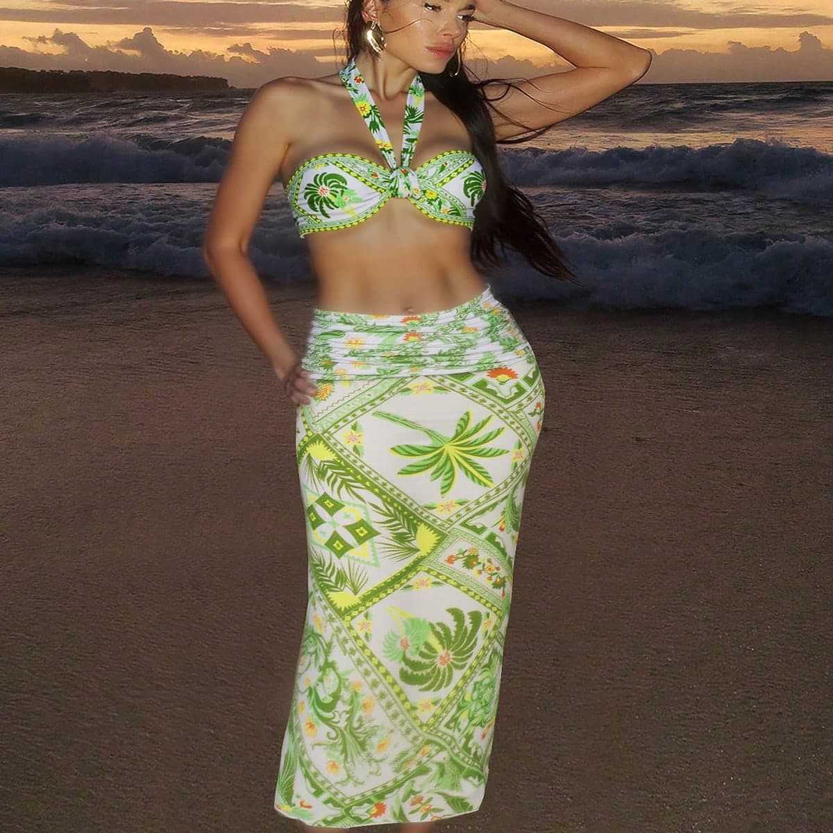 Printed Sleeveless Halter Neck One-piece Swimwear for Women