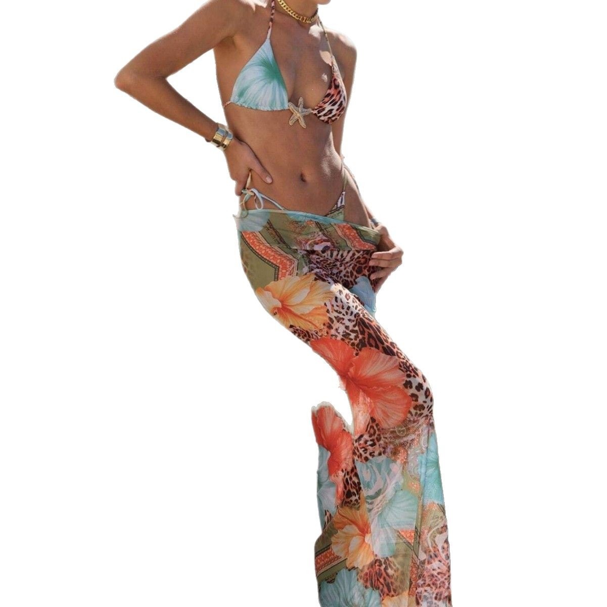 Printed triangular cup quick drying cover up long skirt