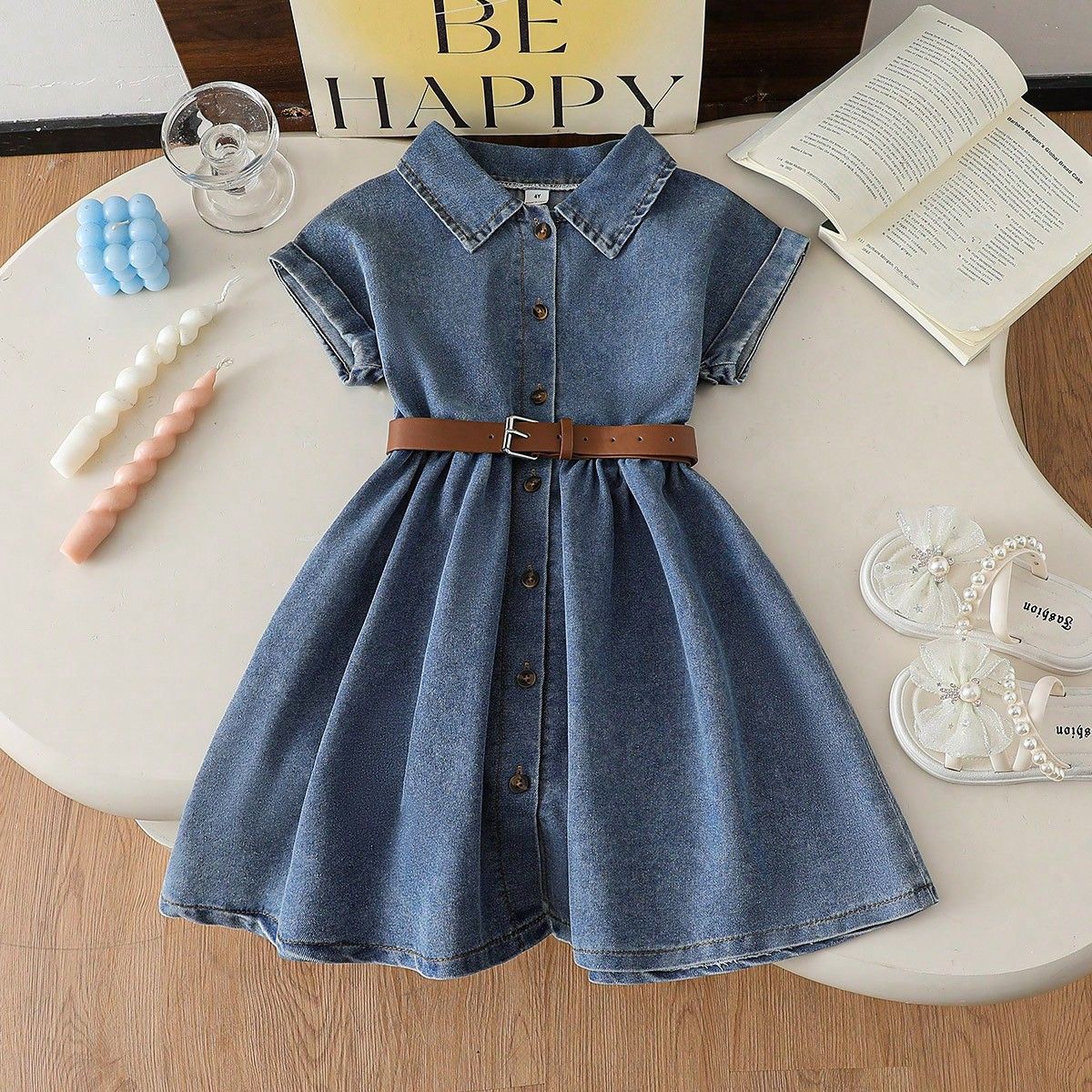 Girls' A-line denim dress with turned-down collar and washed finish