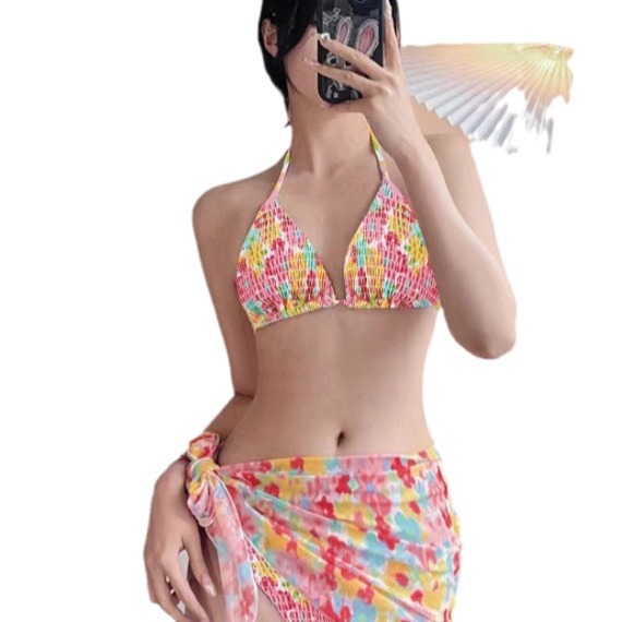 Two-Piece Swimwear Set with Print, Flattering Fit for Small Bust, Three-Piece Swimwear for Women