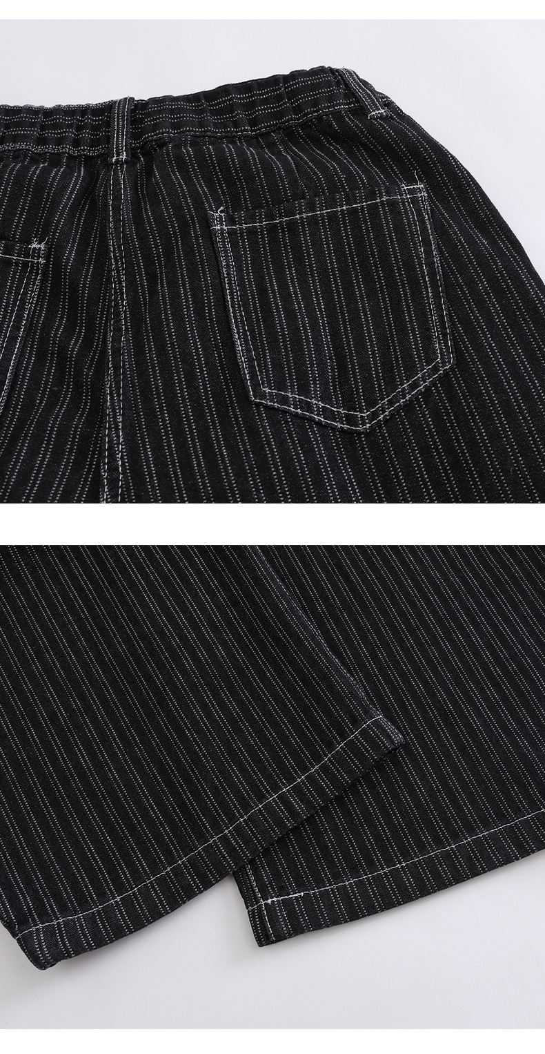 Black Pleated Stripe Wide Leg Cotton Denim Pants for Men