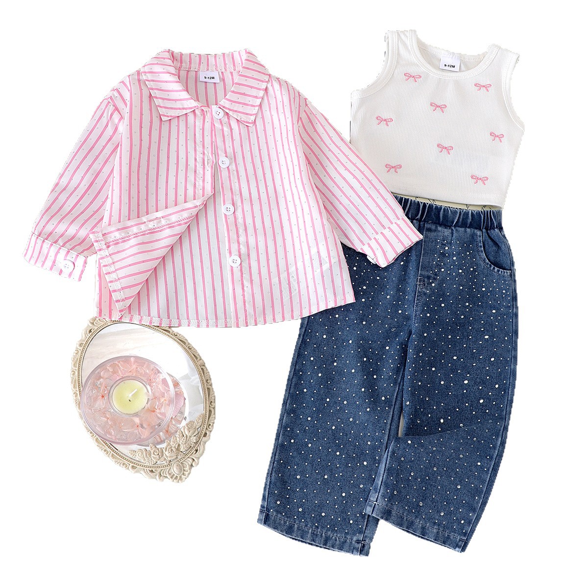Striped long sleeved shirt jeans three piece set