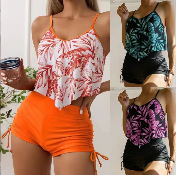 Split ruffled high waisted drawstring bikini swimsuit
