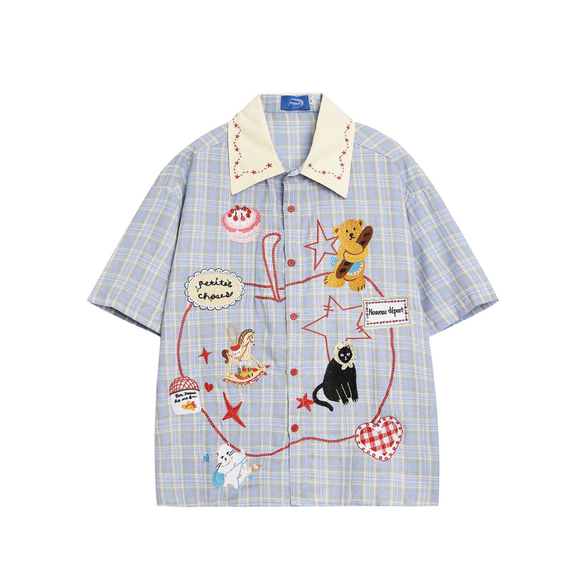 Amusement Park Embroidery Grid Short Sleeve