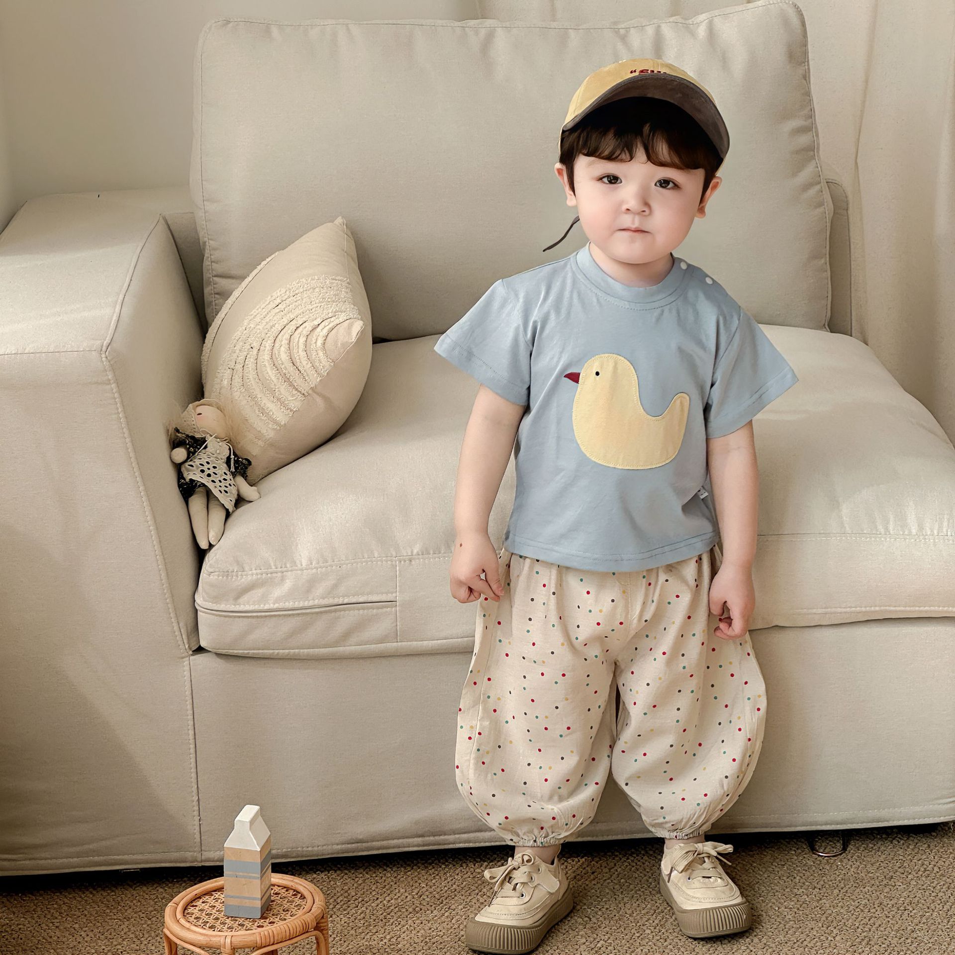 Boy's Summer Outfit Set New Cute Baby Chick Short Sleeve Stylish Polka Dot Pants Summer Infant