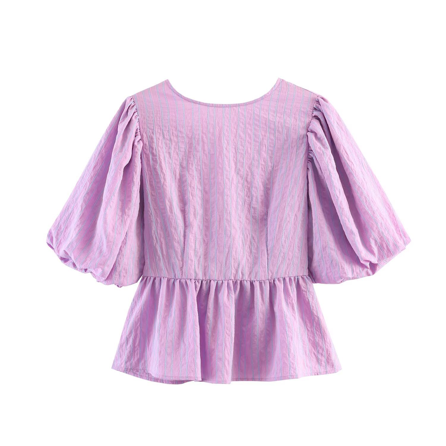Striped bow blouse with puff sleeves