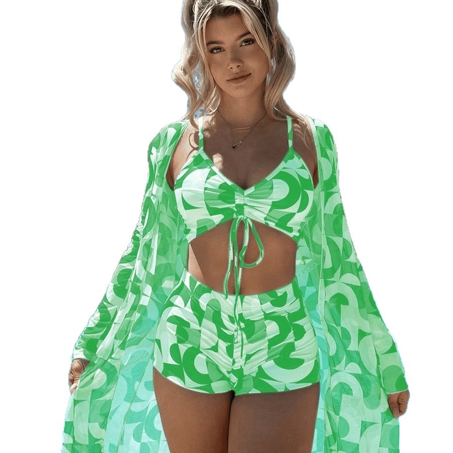 Mesh Cover-Up Set for Women, Three-Piece Beach Swimwear,Multi-Color, Sheer Overlay Top