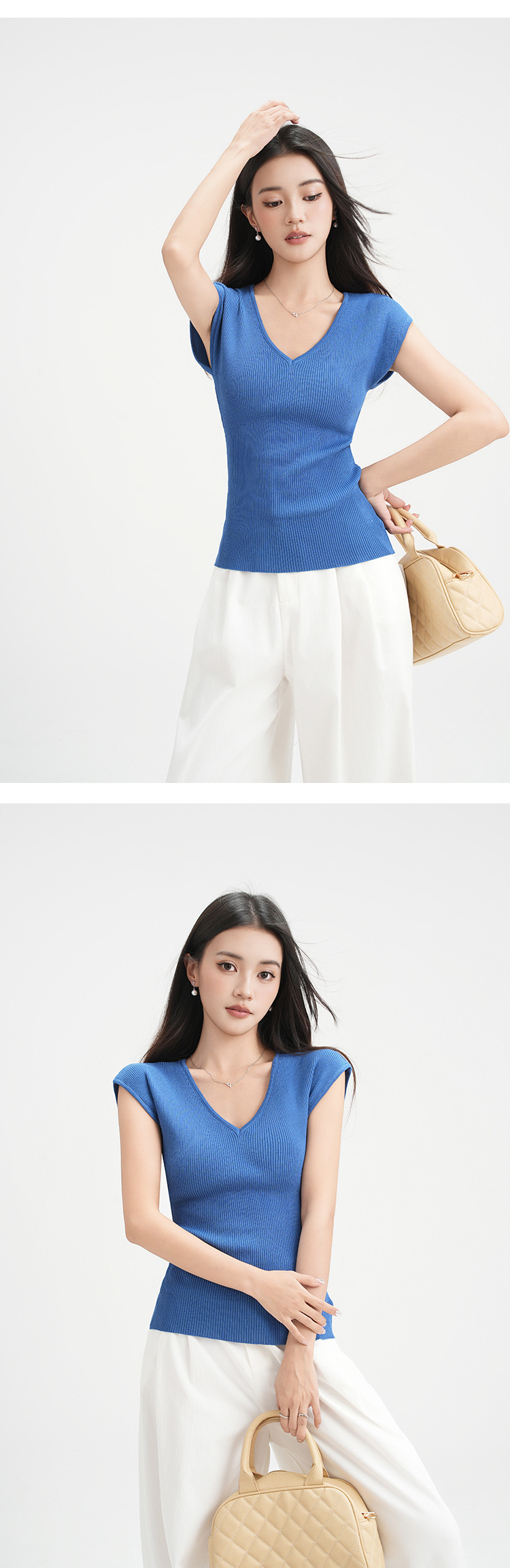 Dark Blue V Neck Knit Sheer T Shirt - side view