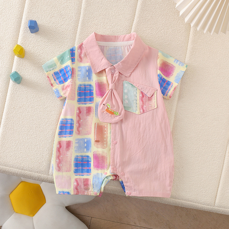 Summer New Infant Baby Romper Shirt Lightweight Boy Colorful Plaid Patchwork Short Romper