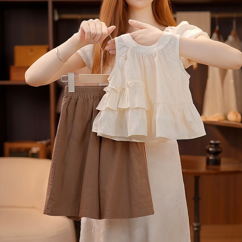 Cute Girls' Summer Outfit Set, Fashionable Children's Casual Wear, Solid Color Tank Top and Wide Leg