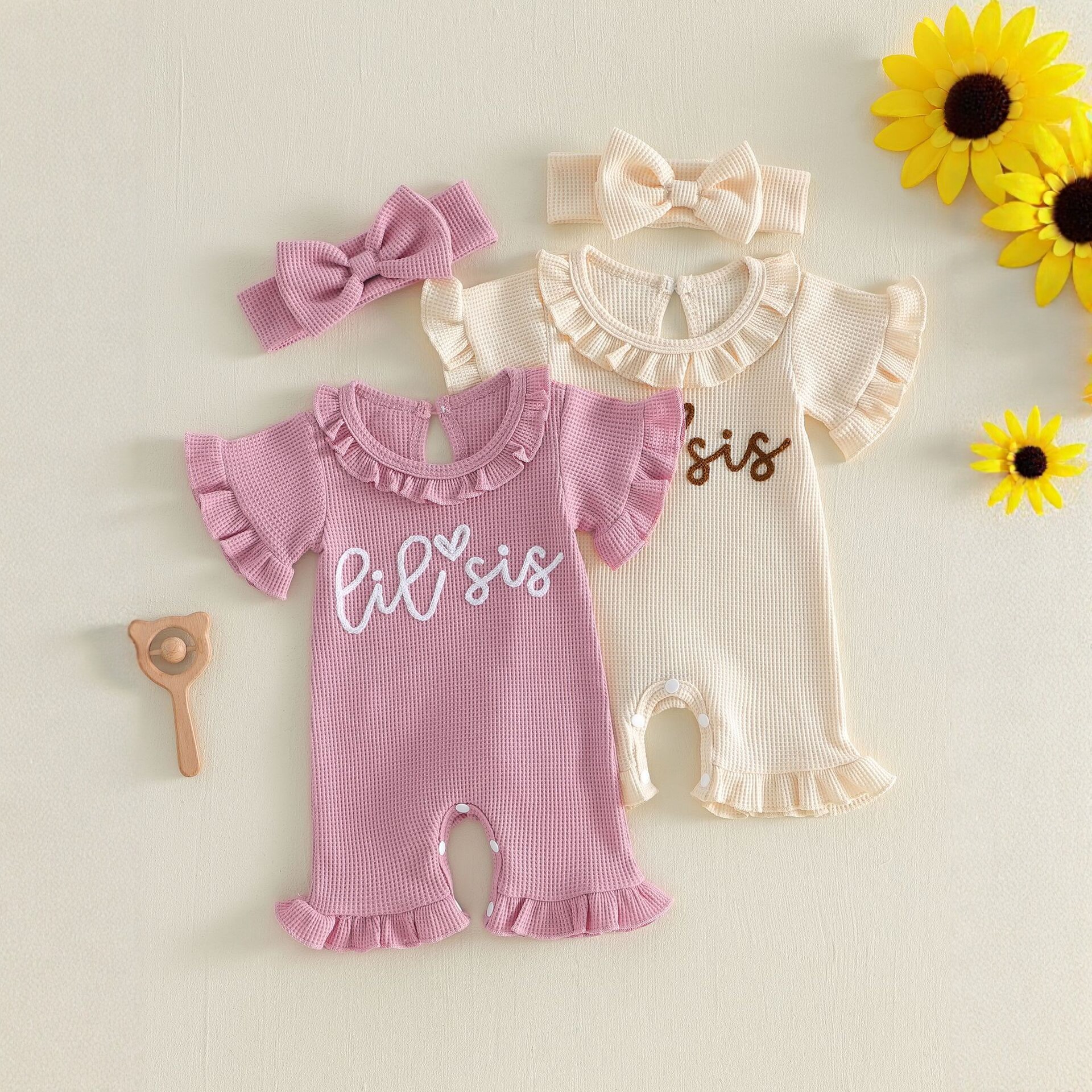 Summer Baby Girl LIL SIS Embroidered Ribbed Onesie with Flutter Sleeves + Headband Infant Outfit