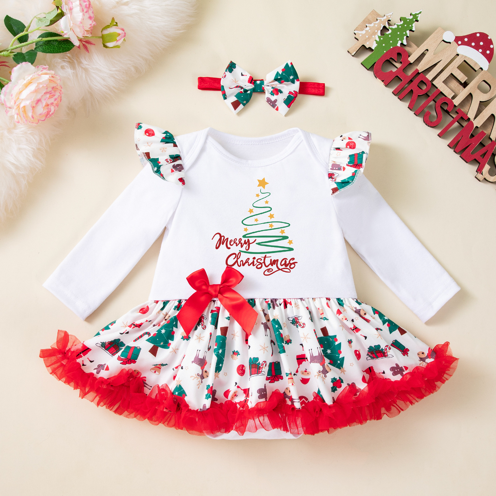 Clothes Autumn Winter New Baby Printed Long Sleeve Bodysuit Dress Hair Accessories 2-Piece Set Party