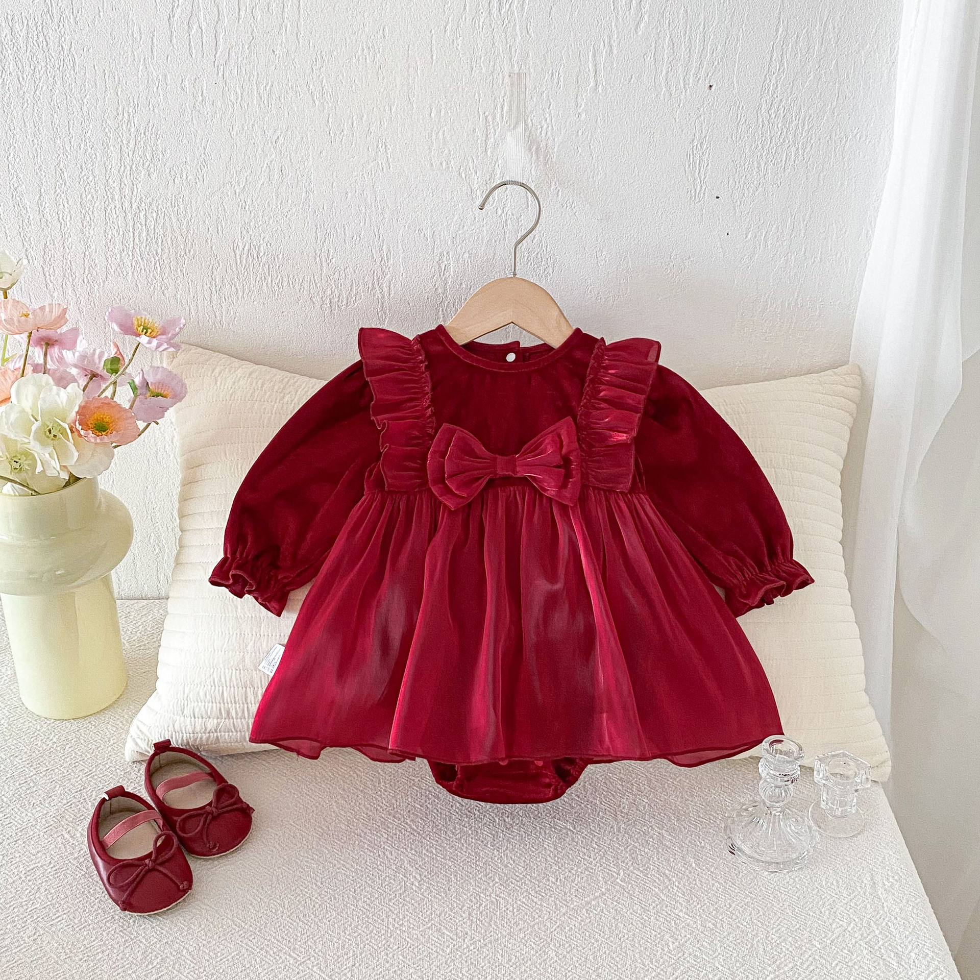 Baby Clothes Spring Autumn Red Velvet Newborn Bodysuit Baby 100-Day Celebration Outfit Cotton