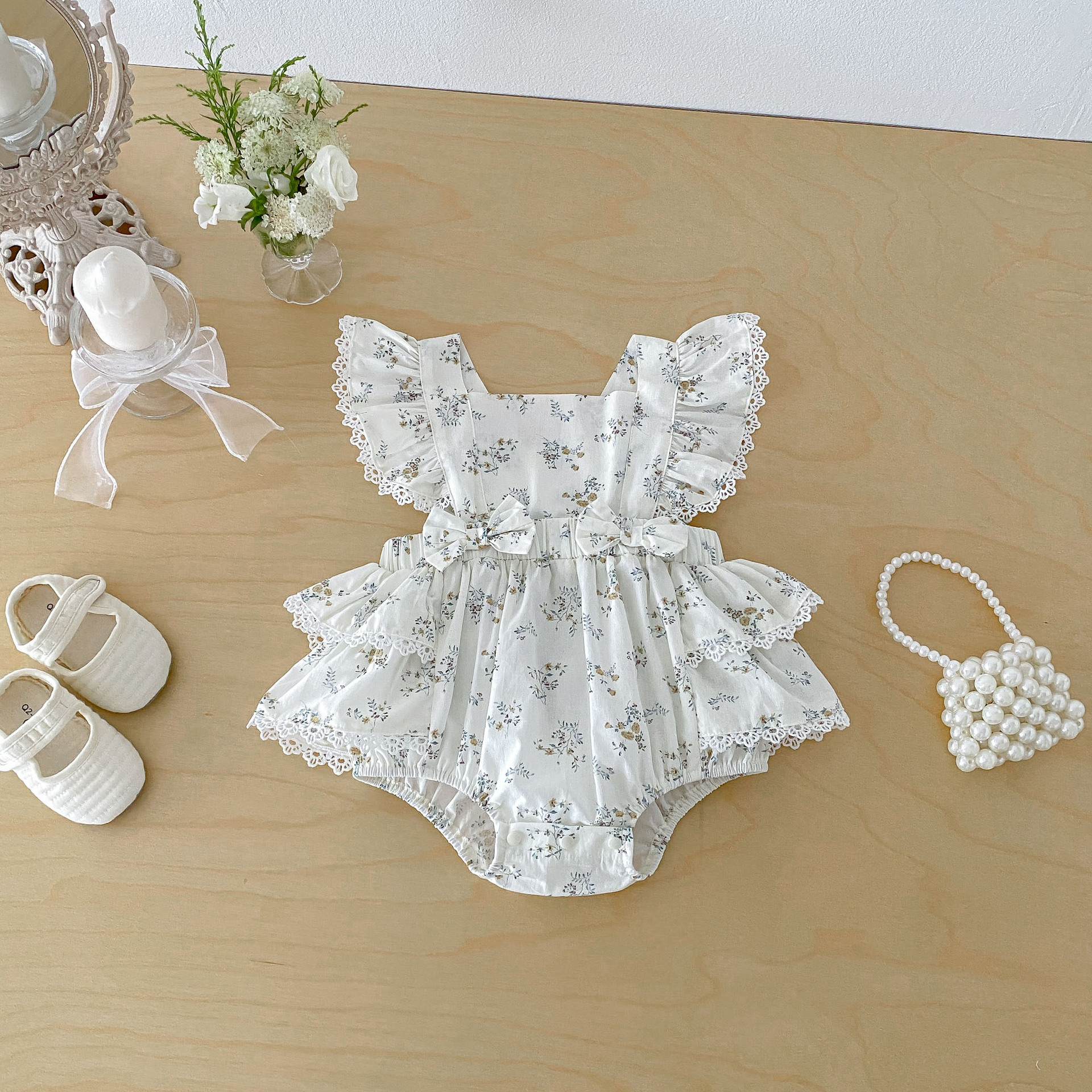 Cute Baby Girl Summer Lightweight Floral Print Flutter Sleeve RomperPrincess Lace Bodysuit