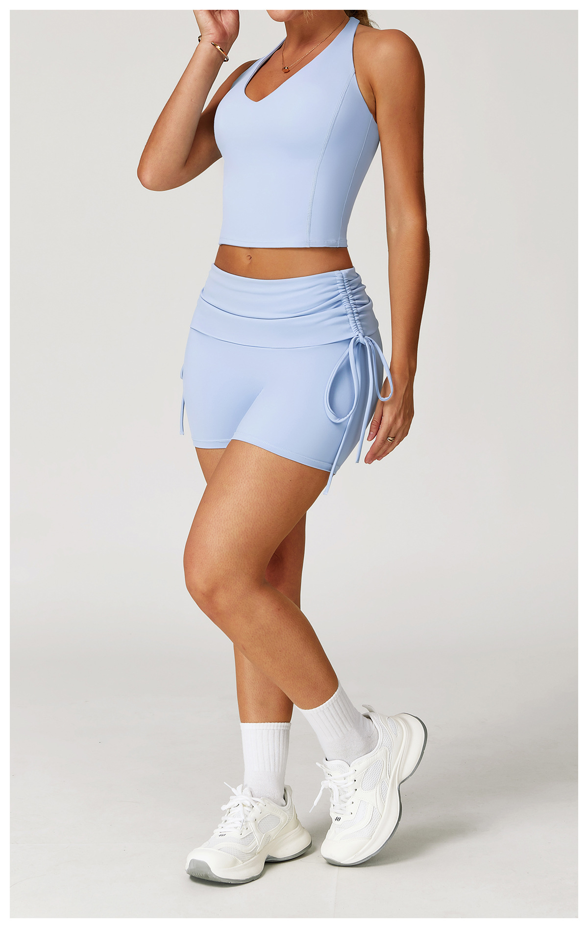 Women's Sky Gray Blue Drawstring Yoga Shorts – Side View