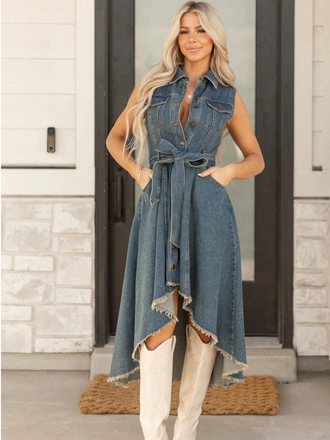 Women's Light Blue Sleeveless Denim Dress – Irregular Hem Side View