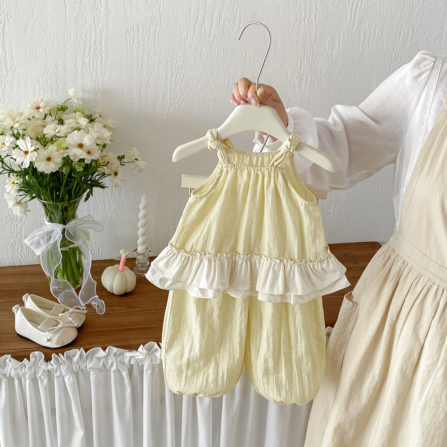 Simple Ruffled Vest Cool Mosquito-Repellent Pants Set for Babies, Summer Casual Outfit, Two-Piece