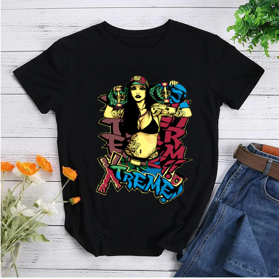 Black Printed Round Neck Pullover T Shirt for Women