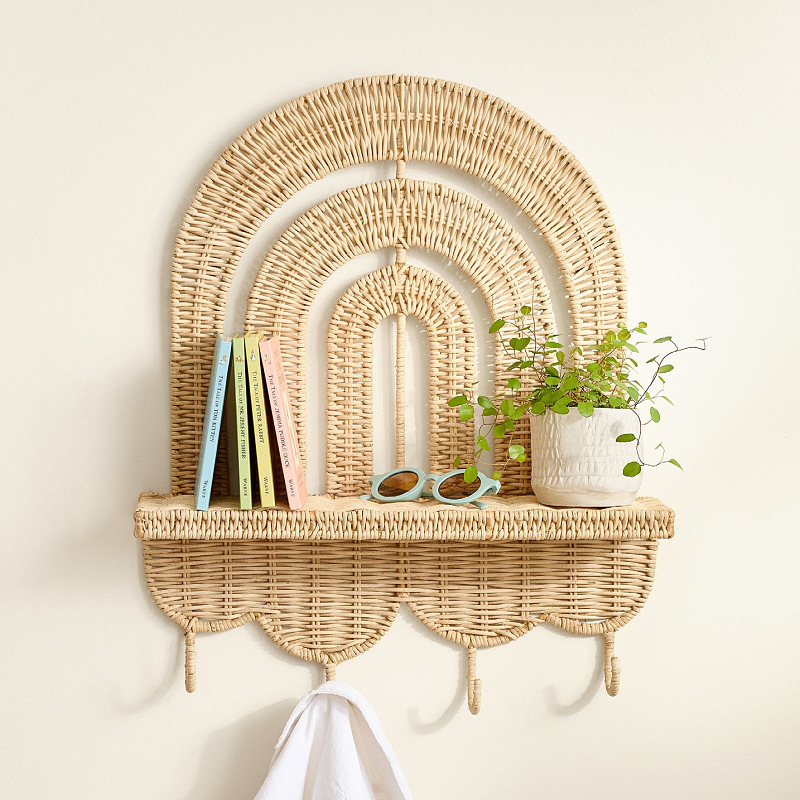 Woven Wall-Mounted Key Holder, Handmade Weaving Plant Shelf for Balcony Succulents and Green Plants