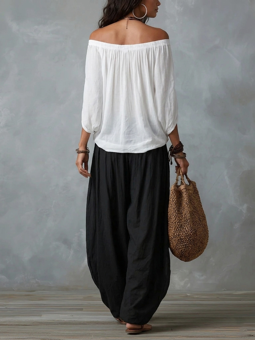 Women's wide-leg pants and one-shoulder top set — styled look